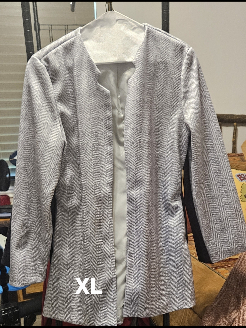 Women's Grey Herringbone Open Front Coat Jacket